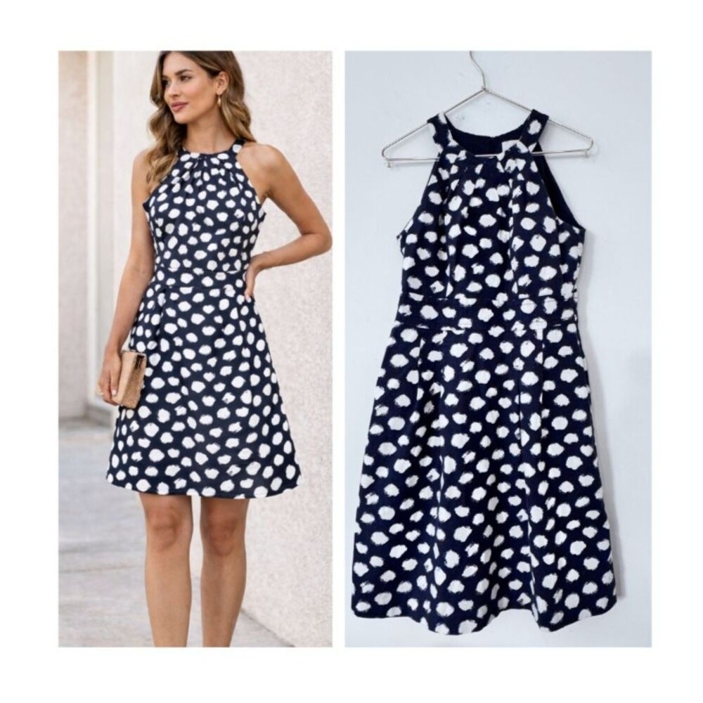 Ann Taylor LOFT Petite Dress 2P Navy White Polka Dot Linen Blend Sleeveless Fit